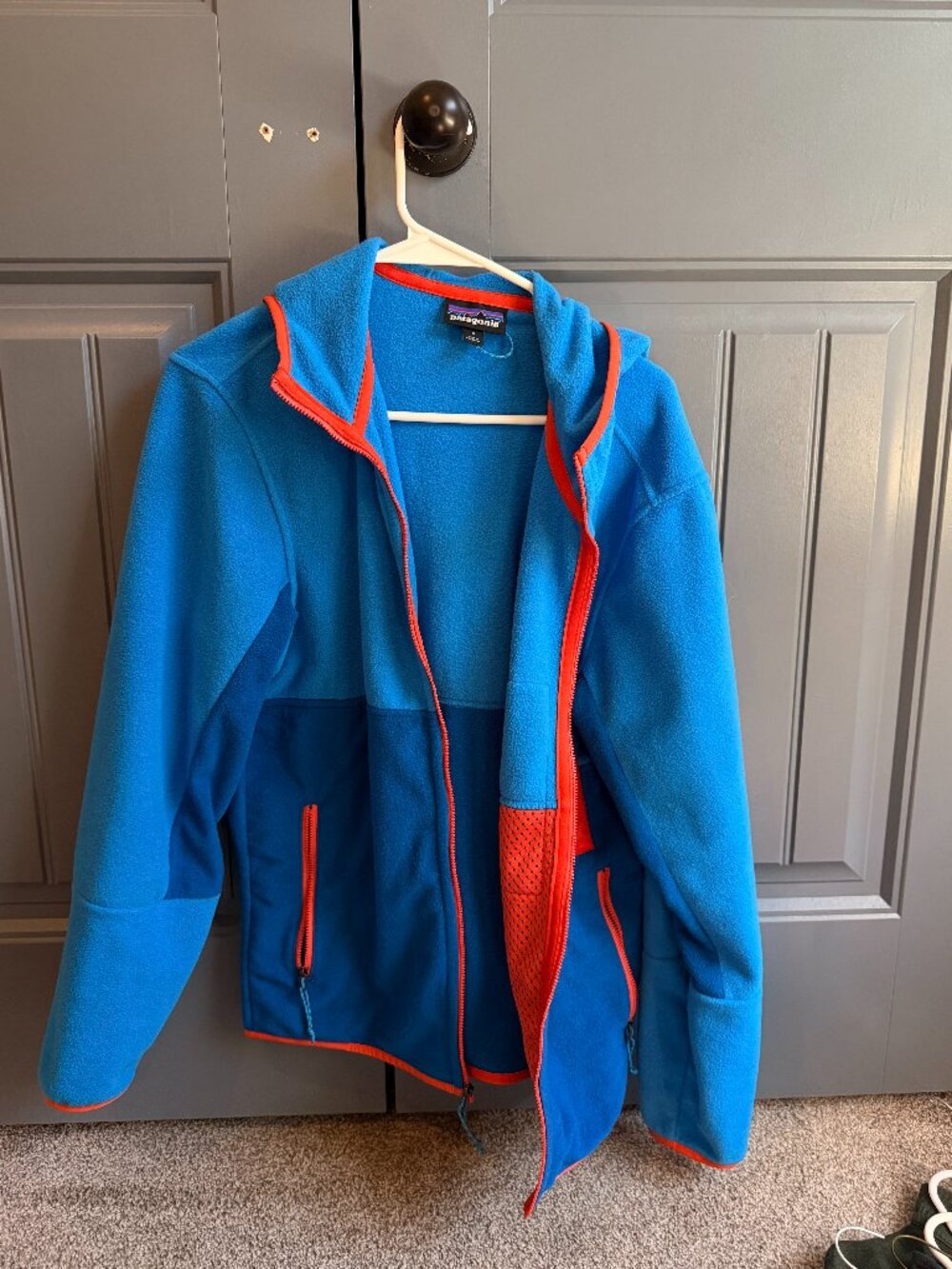 Patagonia Blue Fleece Hooded Jacket with Orange Trim